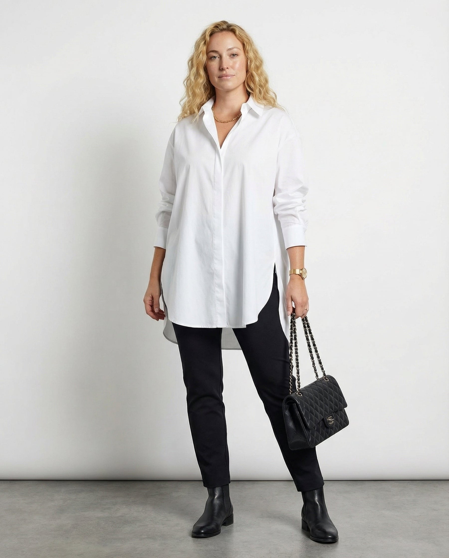 Oversized Long Shirt with Curved Hem and Classic Collar