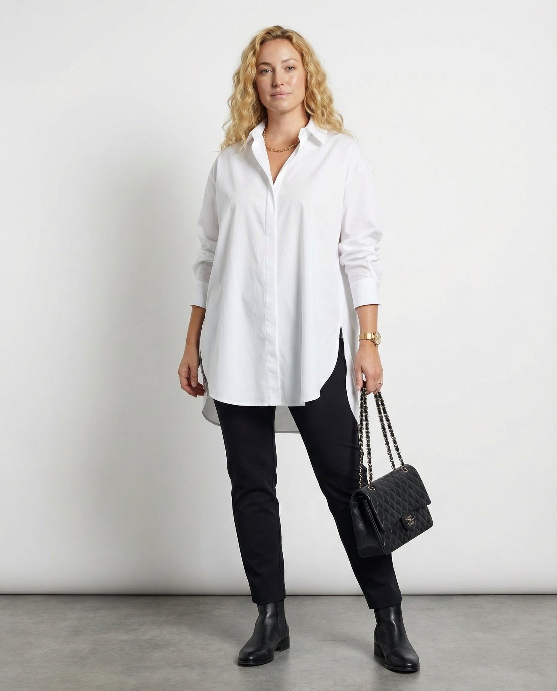 Oversized Long Shirt with Curved Hem and Classic Collar