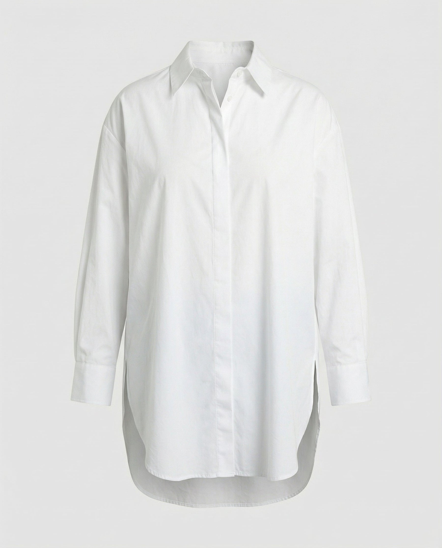 Oversized Long Shirt with Curved Hem and Classic Collar