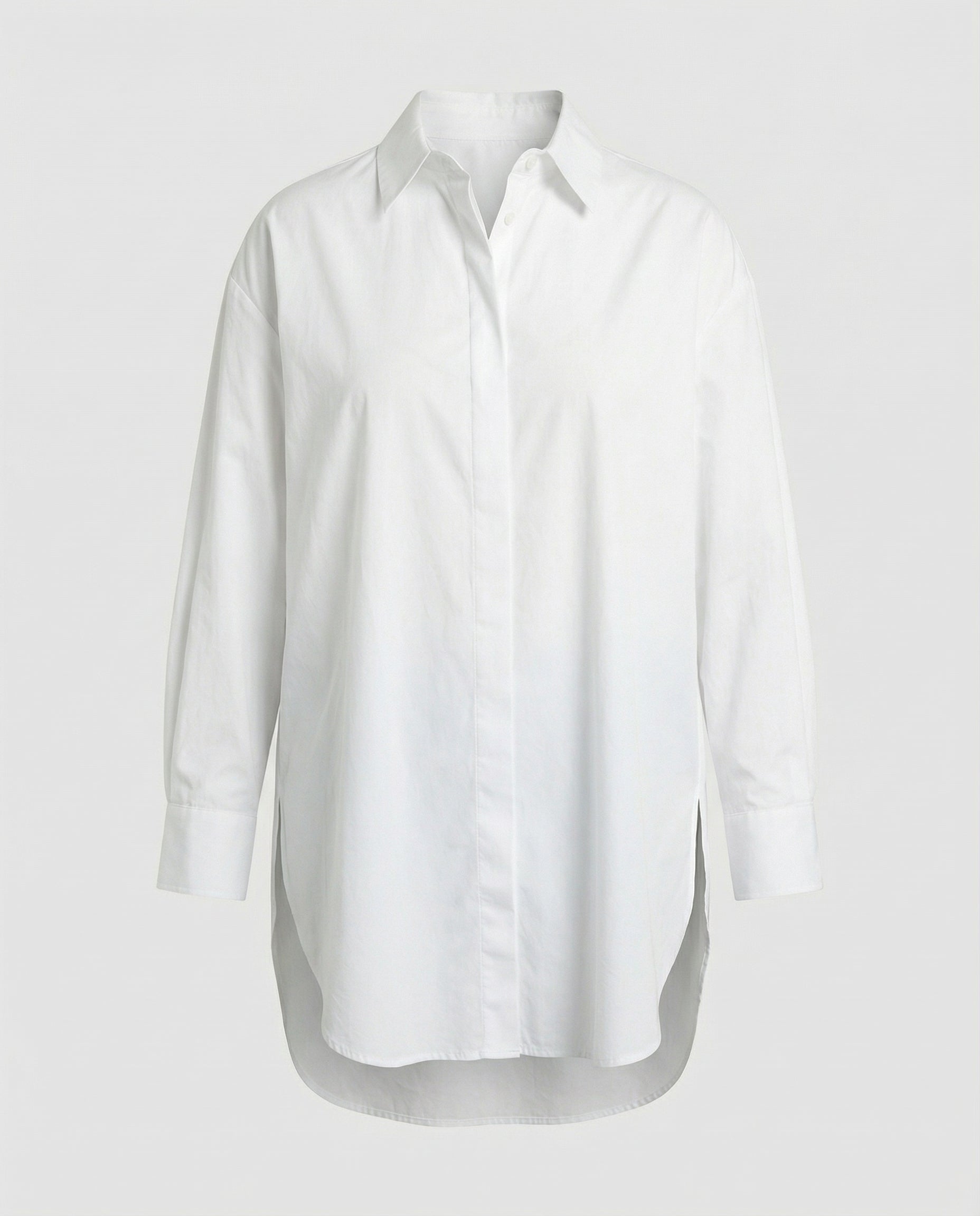 Oversized Long Shirt with Curved Hem and Classic Collar