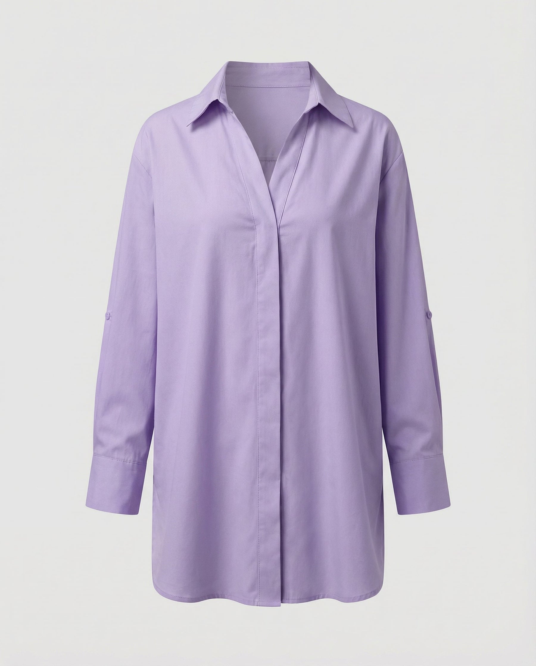 Oversized Long Shirt with Curved Hem and Classic Collar