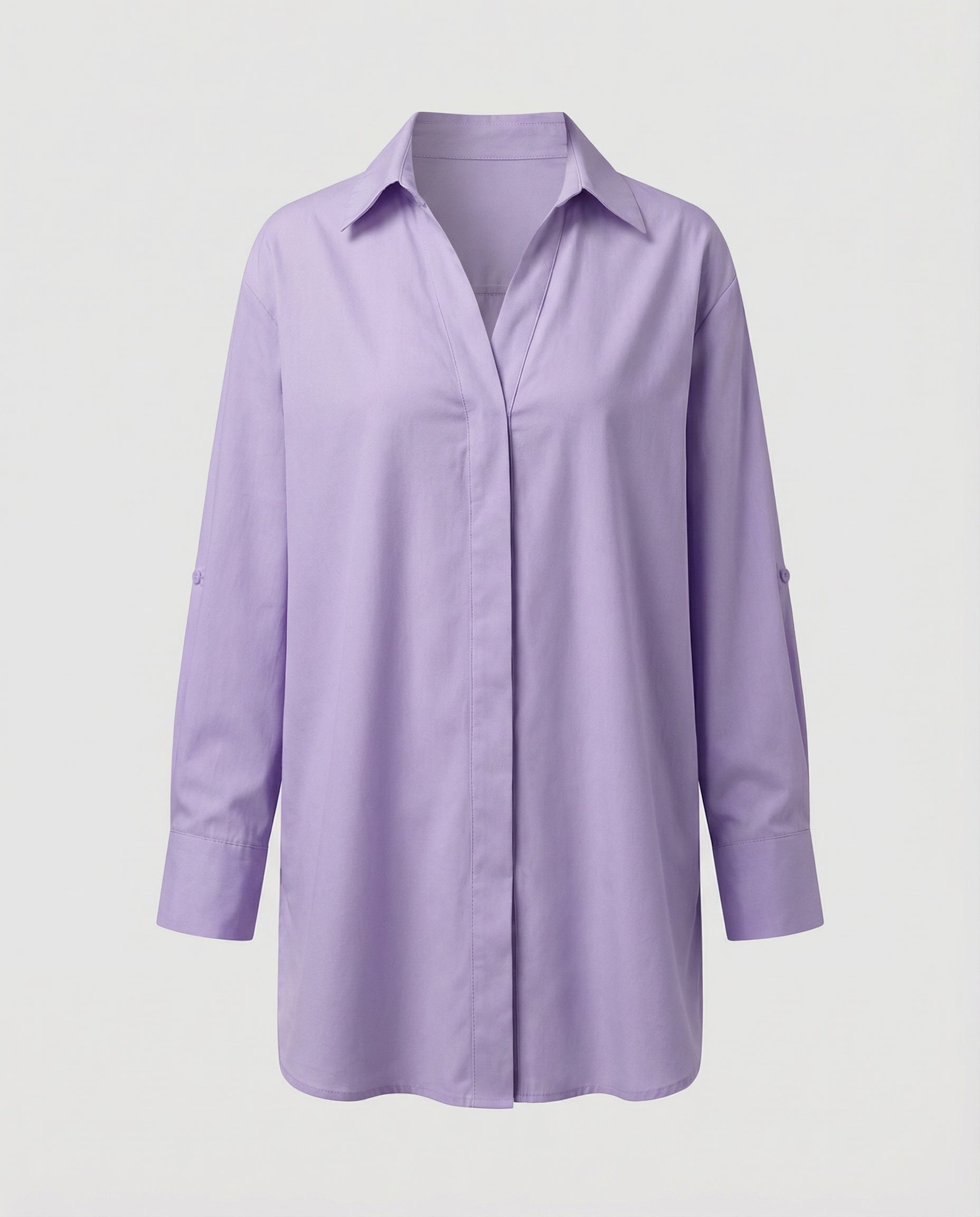 Oversized Long Shirt with Curved Hem and Classic Collar