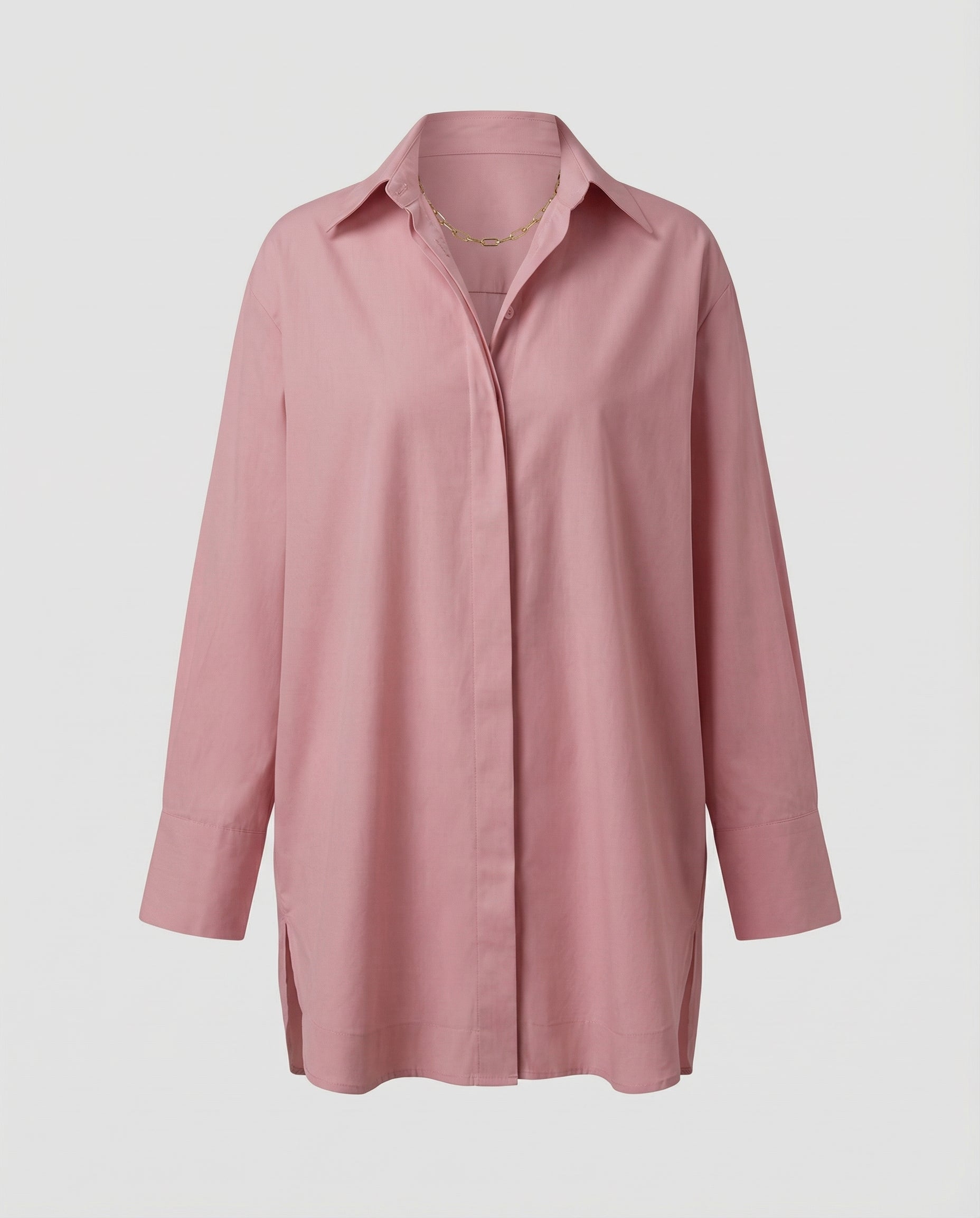 Oversized Long Shirt with Curved Hem and Classic Collar