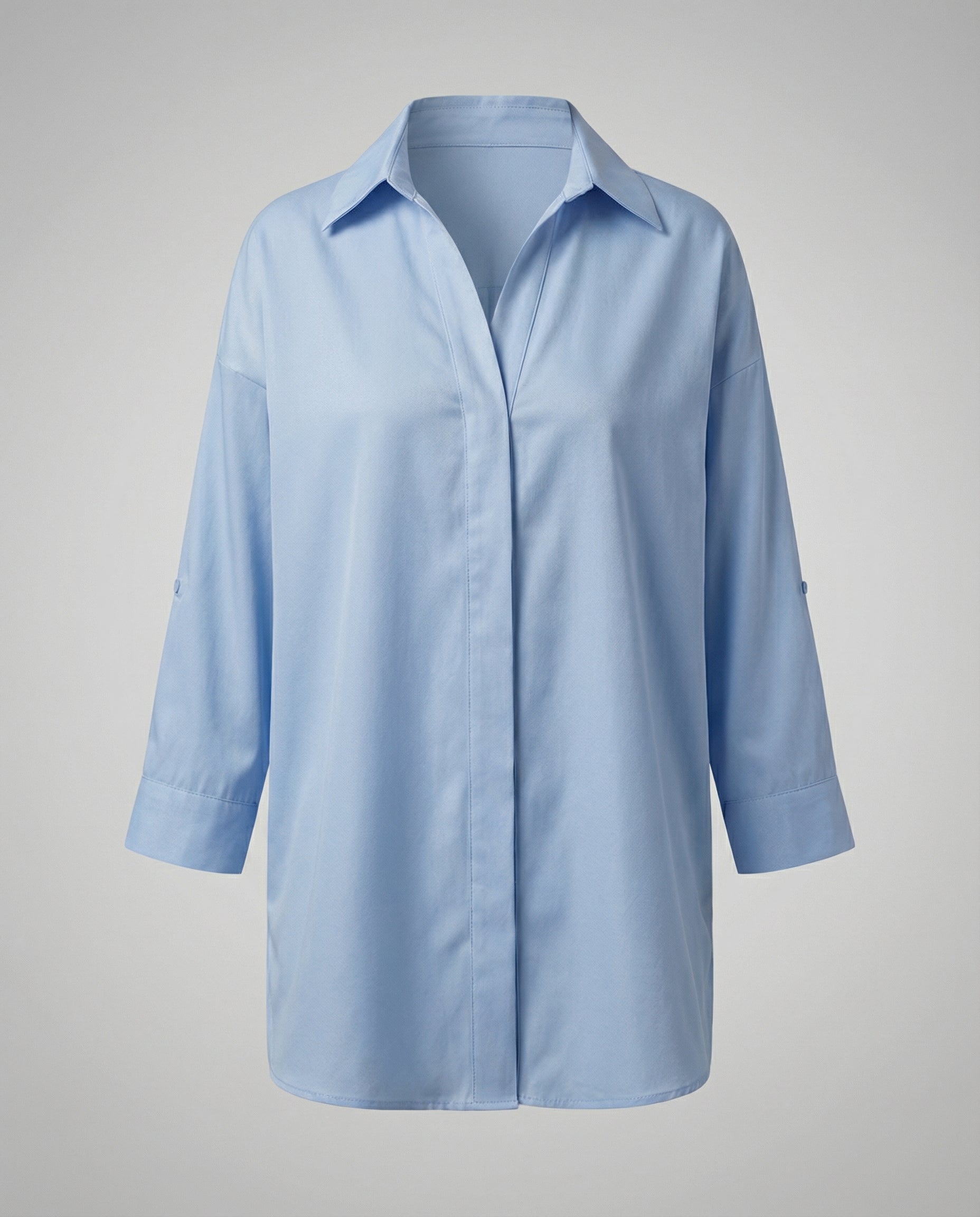 Oversized Long Shirt with Curved Hem and Classic Collar