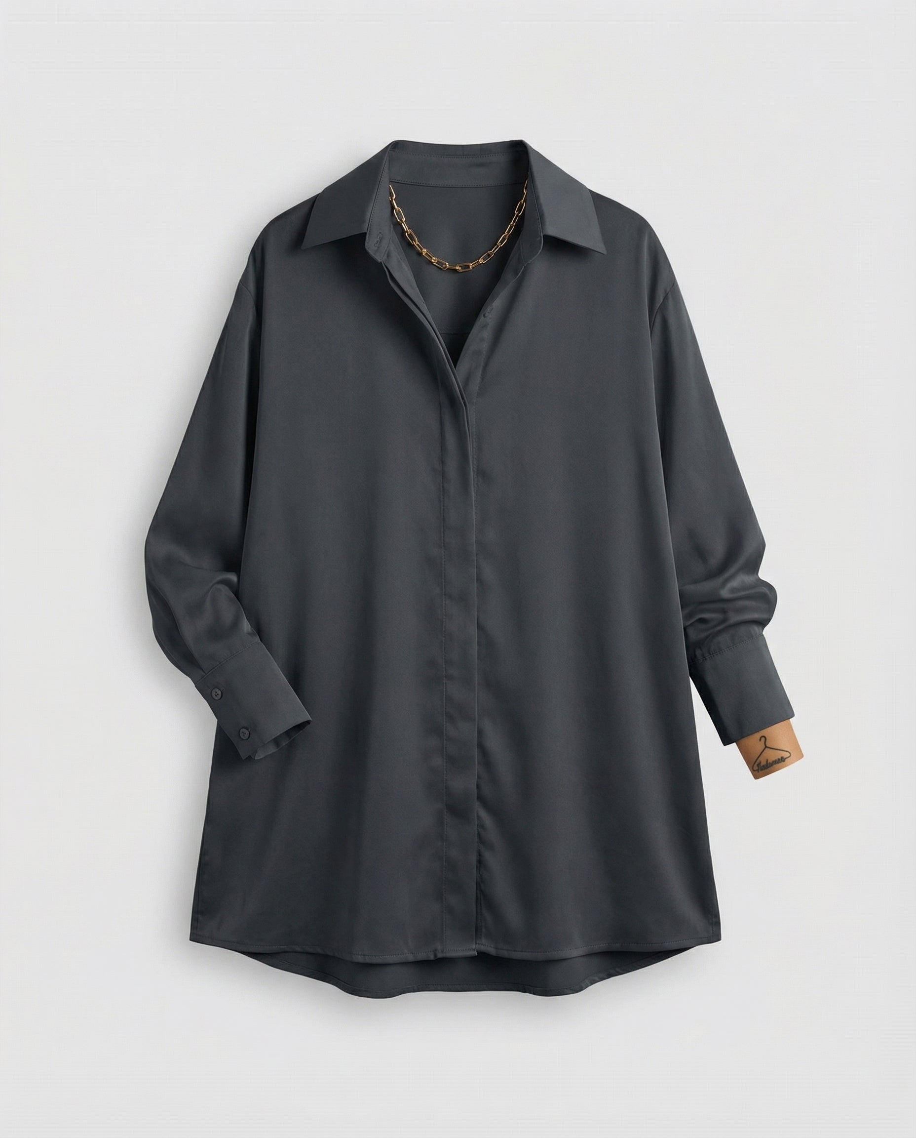 Oversized Long Shirt with Curved Hem and Classic Collar