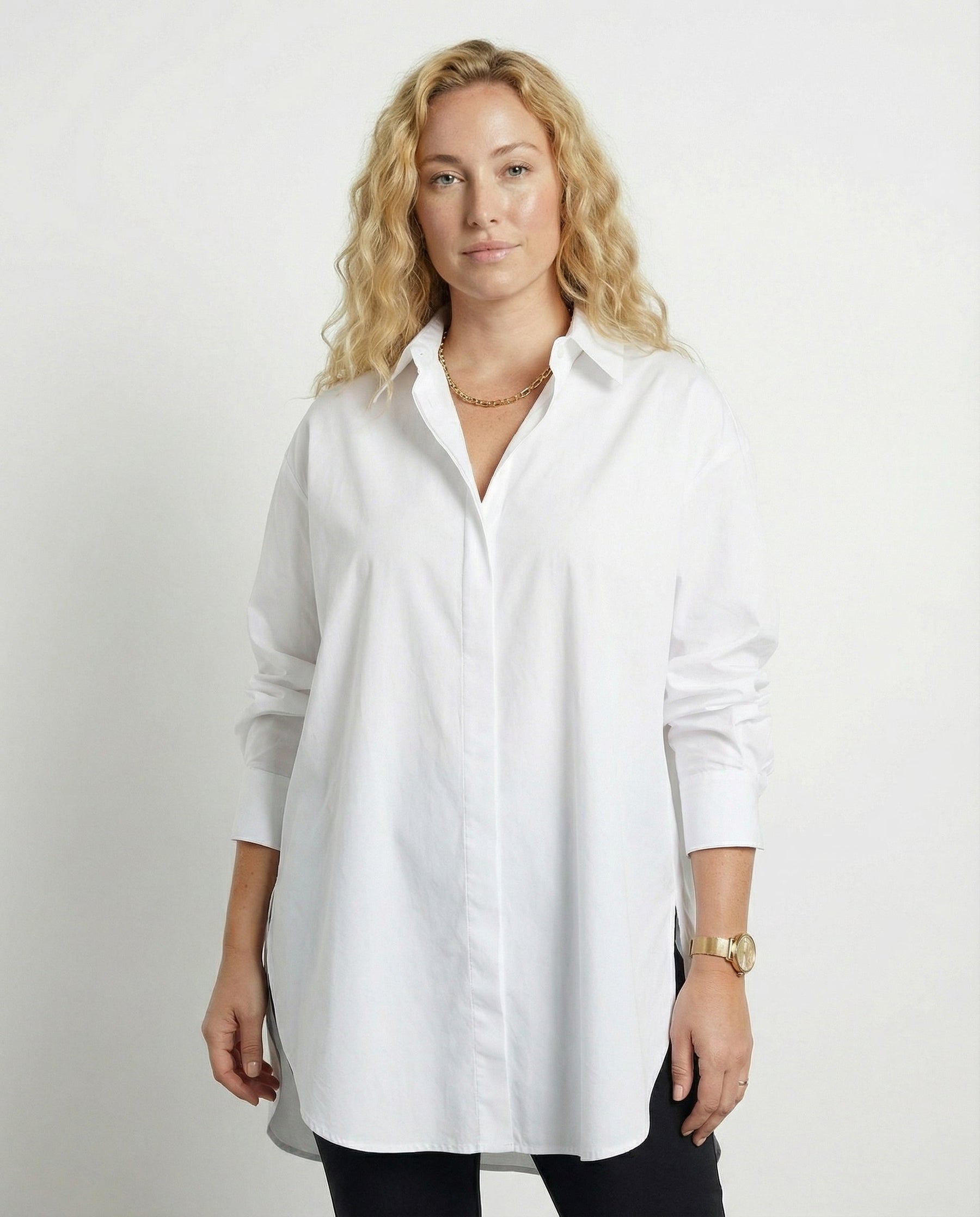 Oversized Long Shirt with Curved Hem and Classic Collar