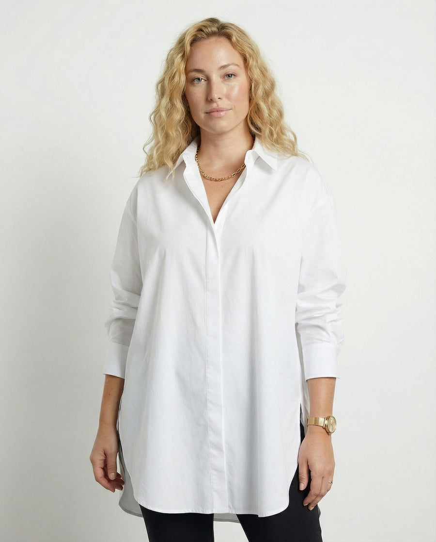 Oversized Long Shirt with Curved Hem and Classic Collar