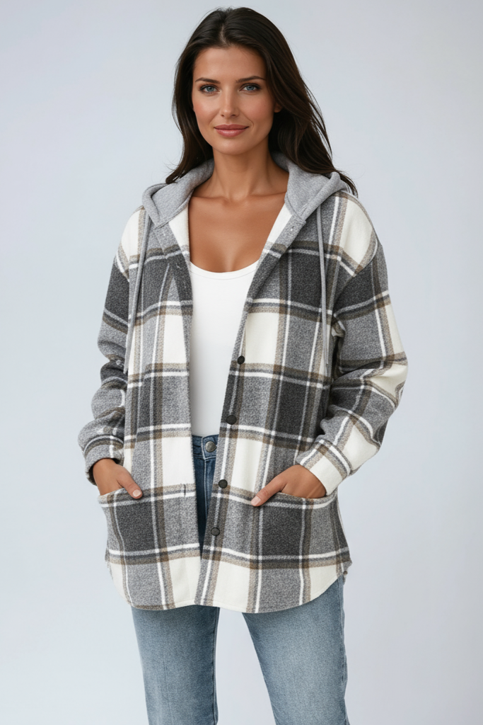 Oversized Plaid Shacket with Hood and Snap Buttons