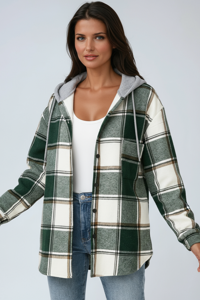 Oversized Plaid Shacket with Hood and Snap Buttons