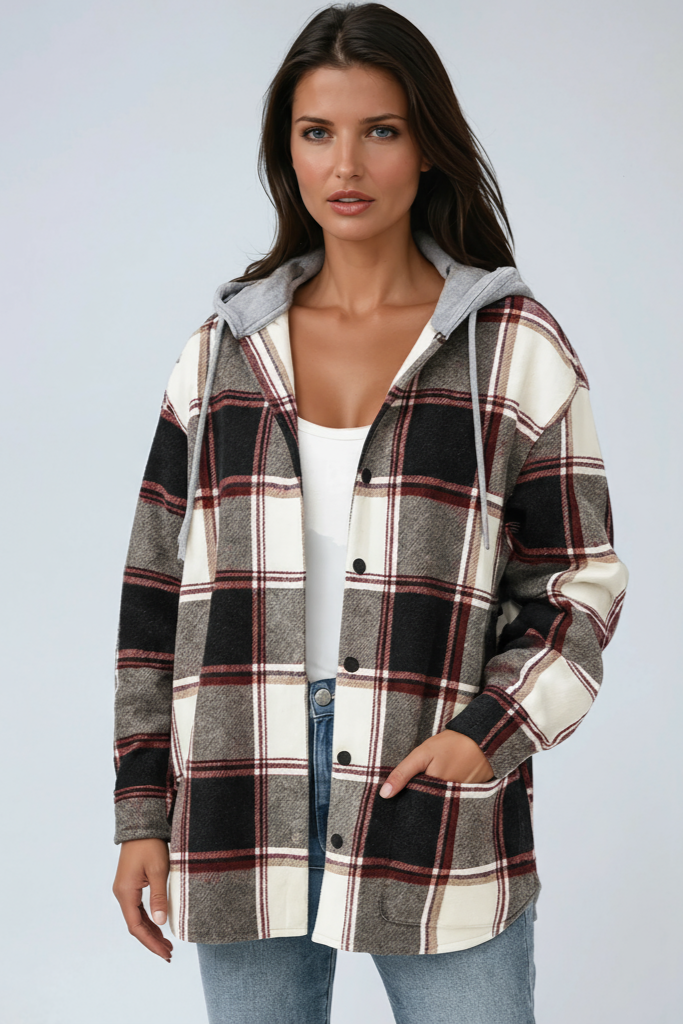 Oversized Plaid Shacket with Hood and Snap Buttons