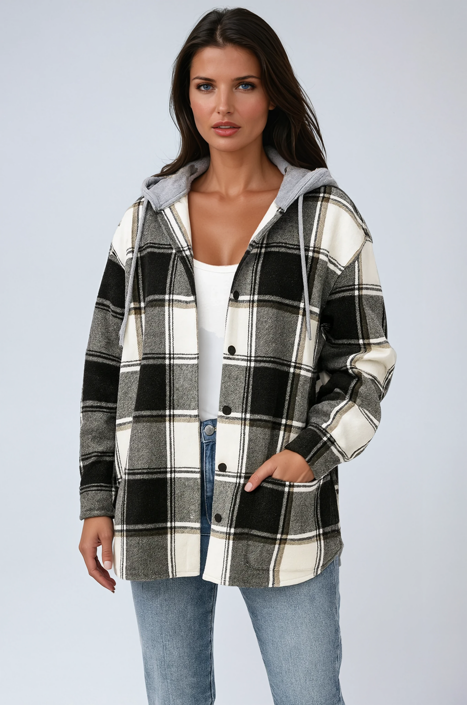 Oversized Plaid Shacket with Hood and Snap Buttons