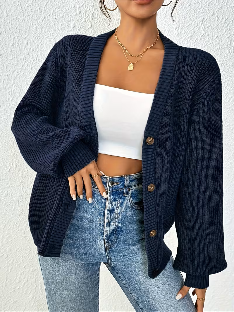 Oversized Ribbed Knit Cardigan with V-Neckline