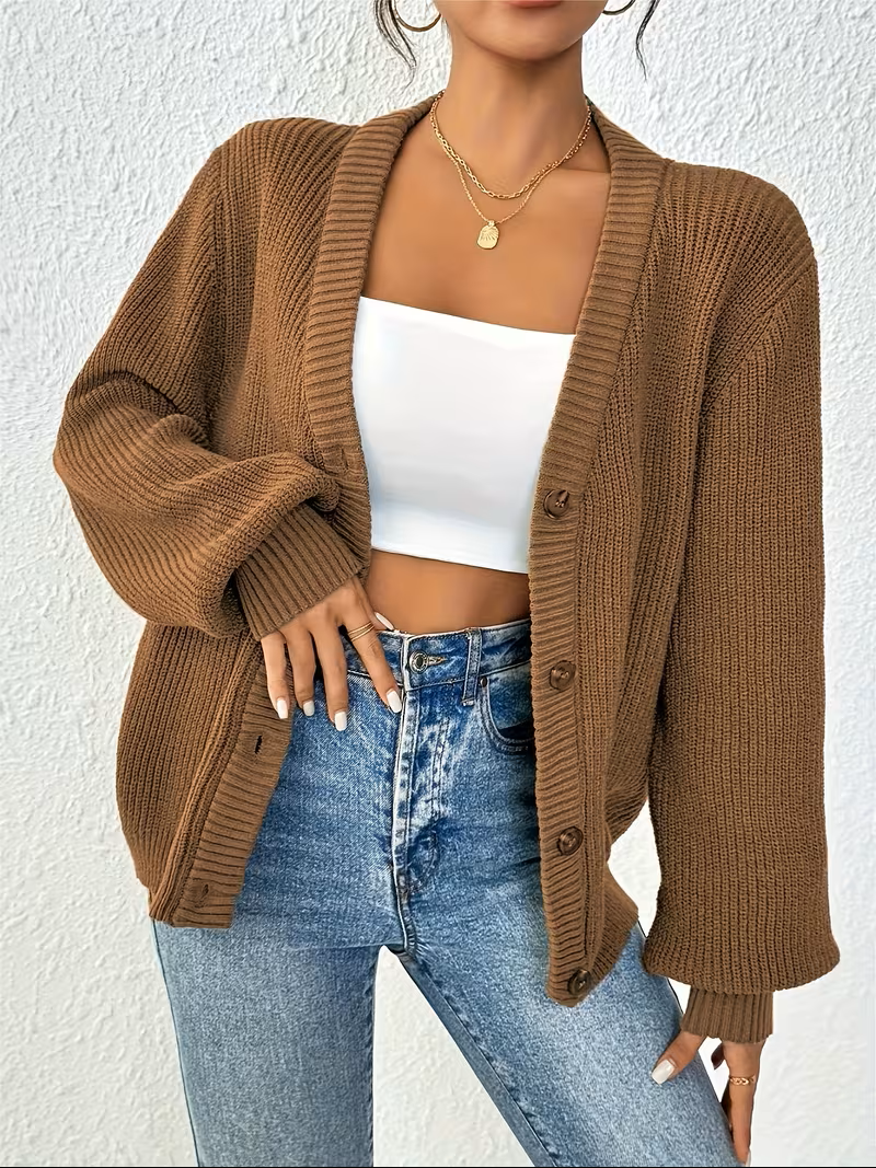 Oversized Ribbed Knit Cardigan with V-Neckline
