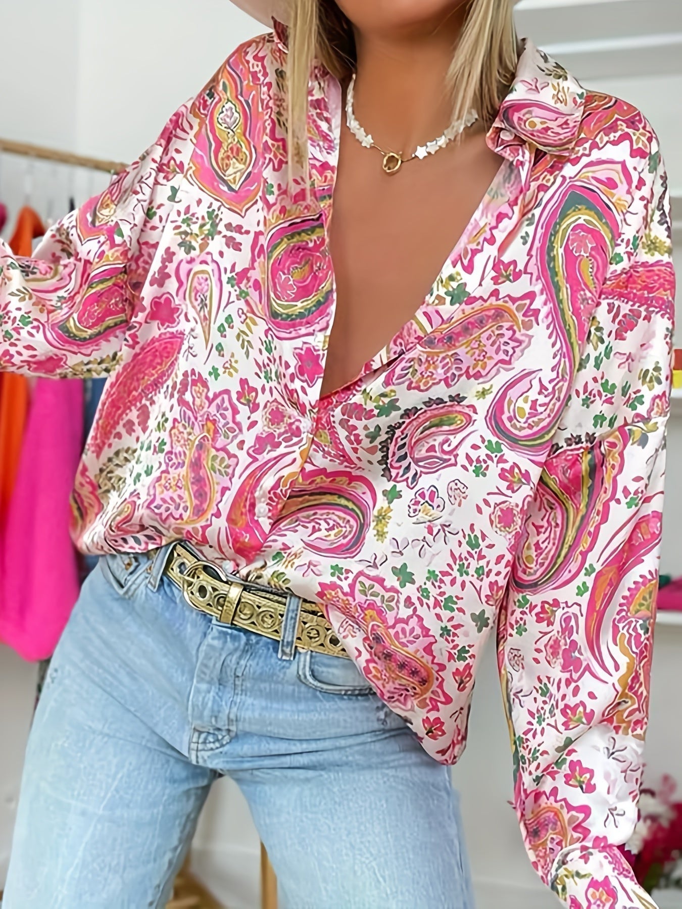 Pink Paisley Print Oversized blouse with Long Sleeves