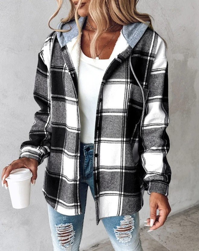 Plaid Hooded Shacket with Drawstring Hood