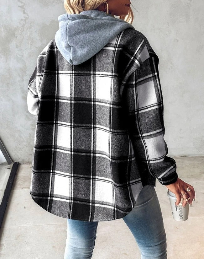 Plaid Hooded Shacket with Drawstring Hood