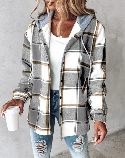 Plaid Hooded Shacket with Drawstring Hood
