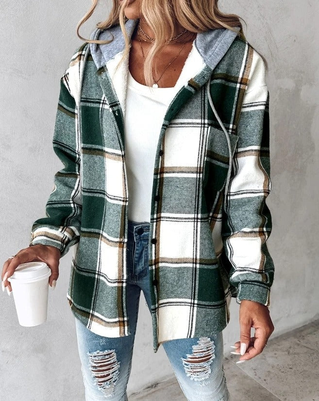 Plaid Hooded Shacket with Drawstring Hood