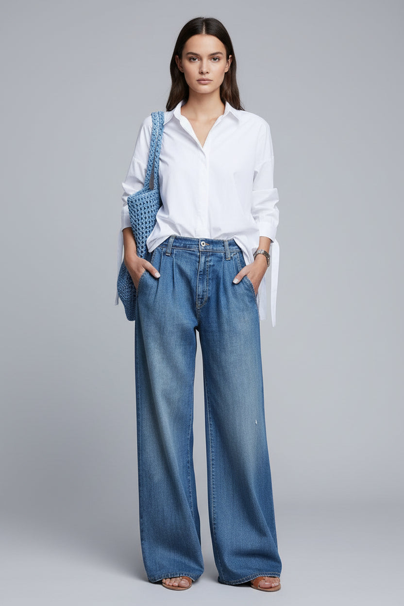 Polished High Waisted Wide Leg Jeans with Front Pleats and Fluid Drape