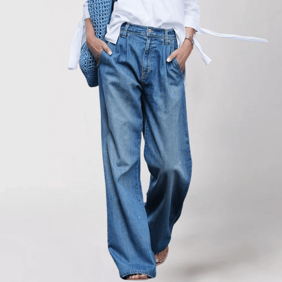 Polished High Waisted Wide Leg Jeans with Front Pleats and Fluid Drape