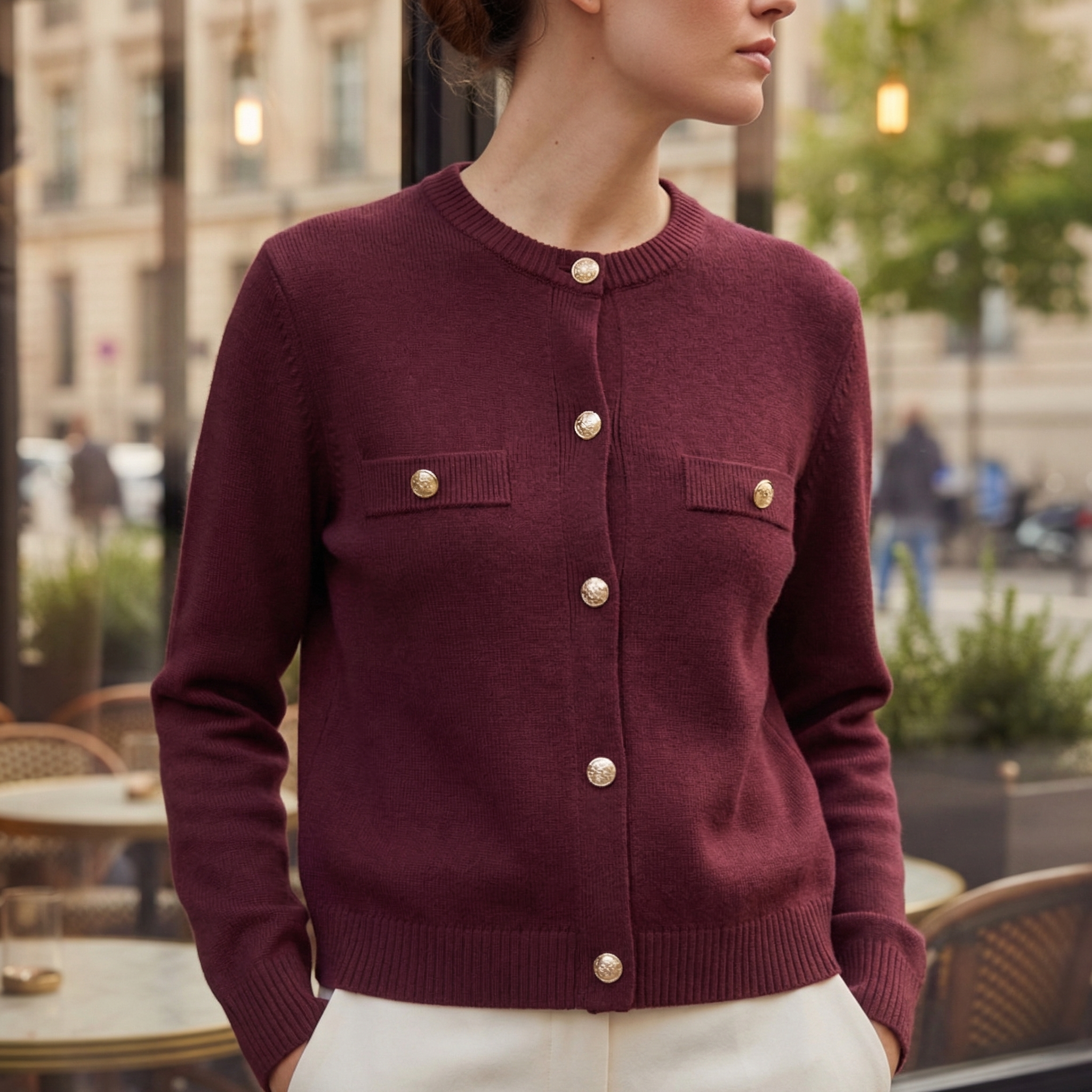 Polished Knit Cardigan with Gold Buttons and Chest Pockets