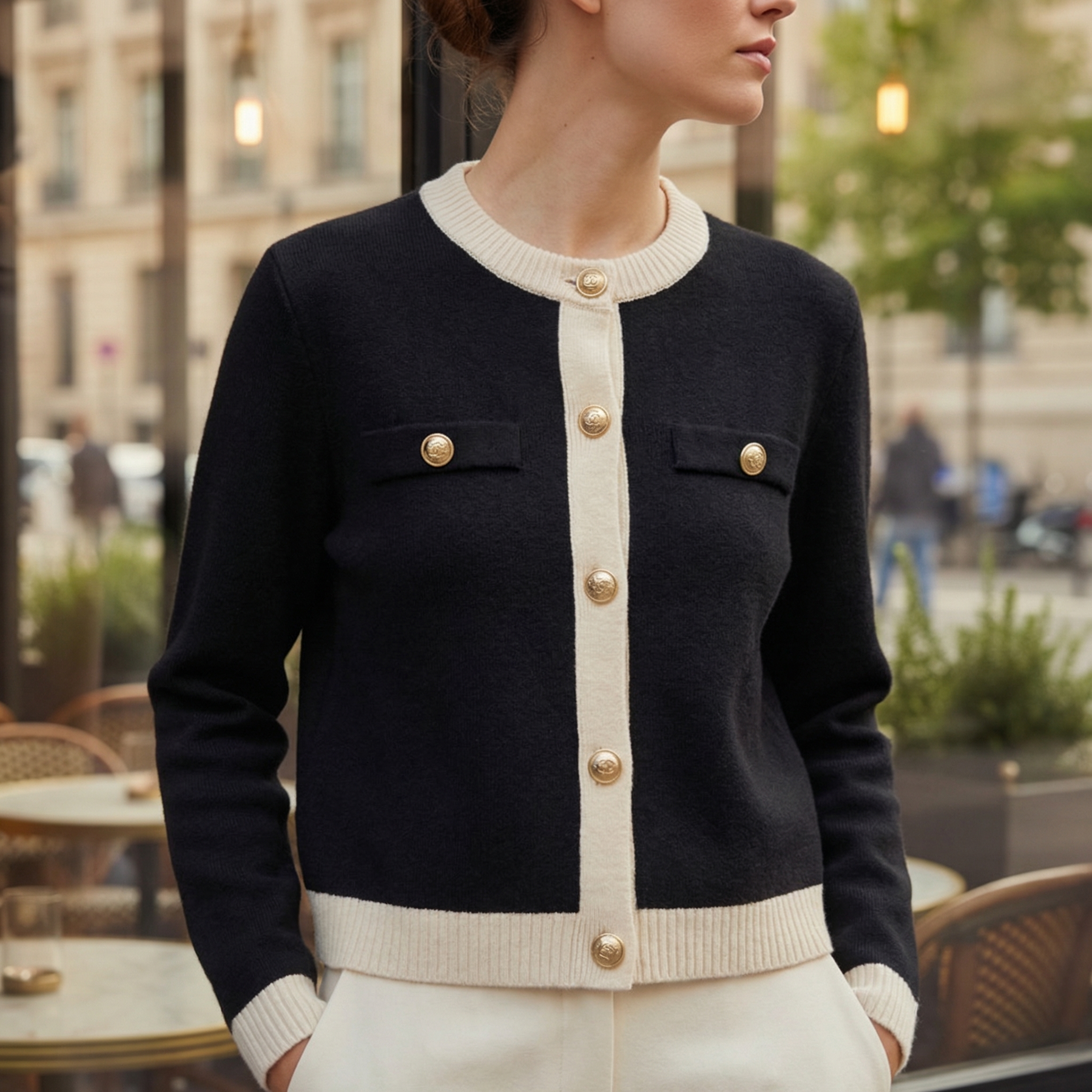Polished Knit Cardigan with Gold Buttons and Chest Pockets