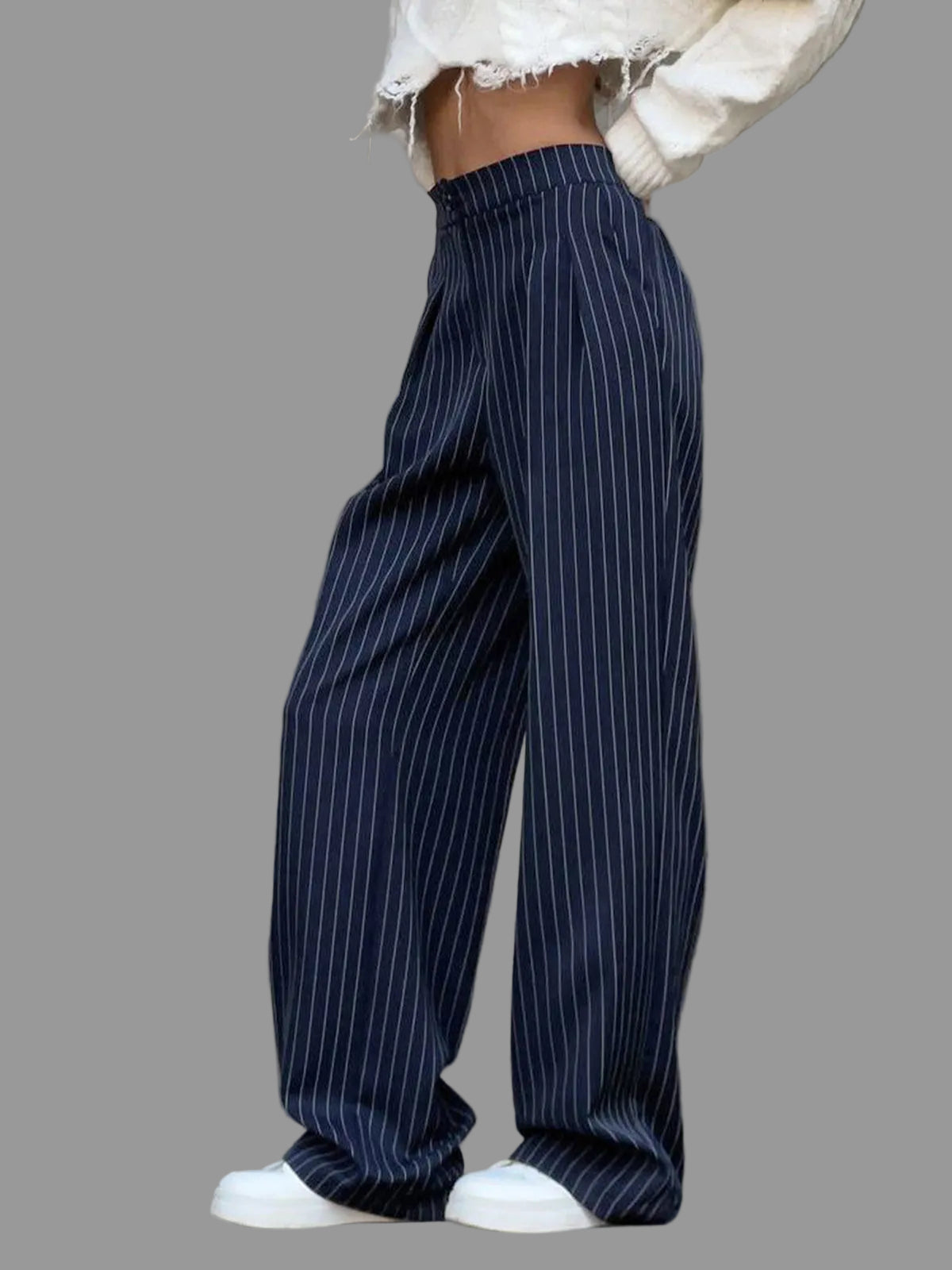 Polished Pinstripe Wide Leg Trousers with High Waist and Pleated Front