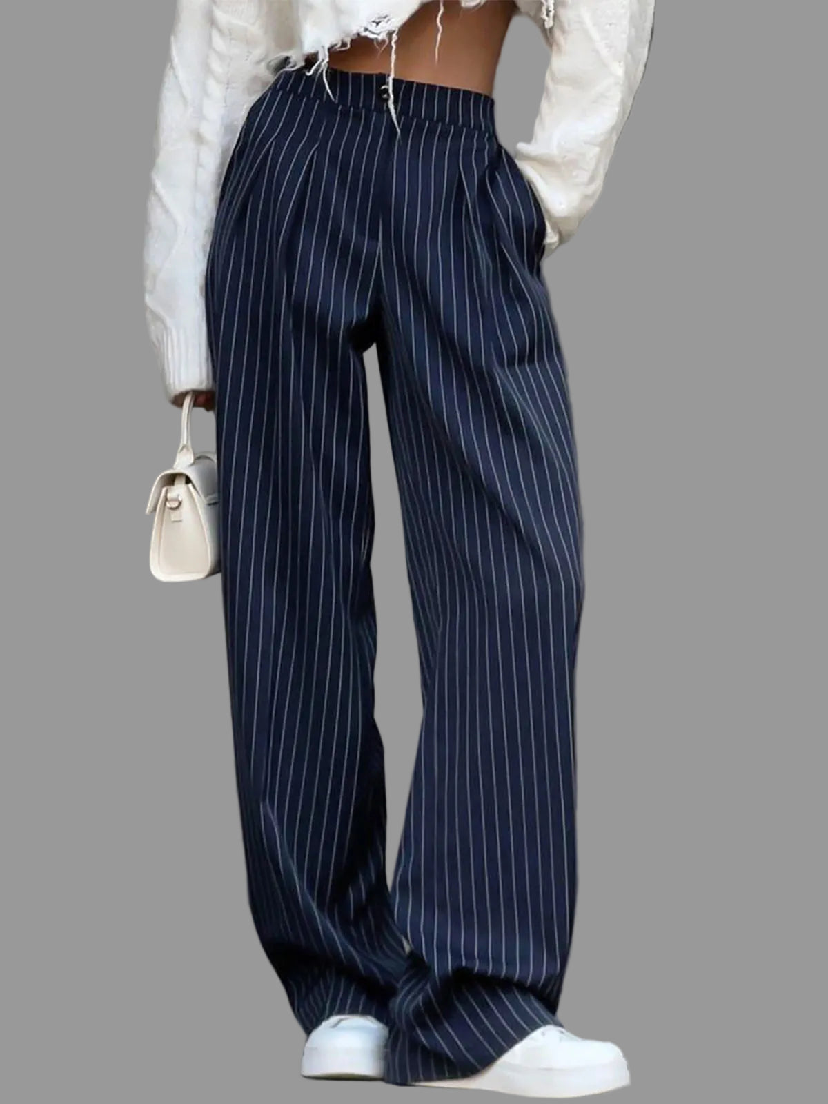 Polished Pinstripe Wide Leg Trousers with High Waist and Pleated Front