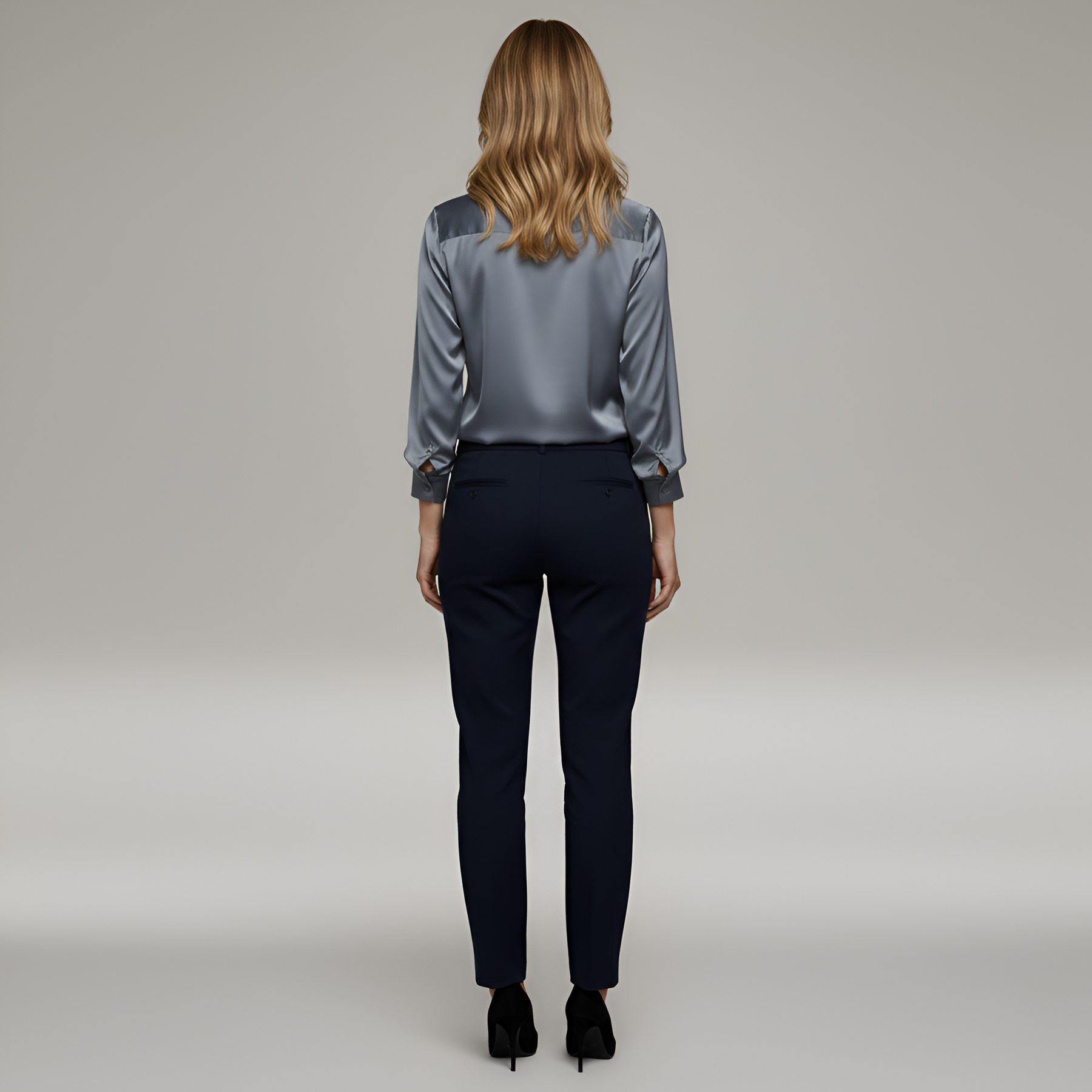 Polished Satin Blouse with V-Neckline and Classic Collar