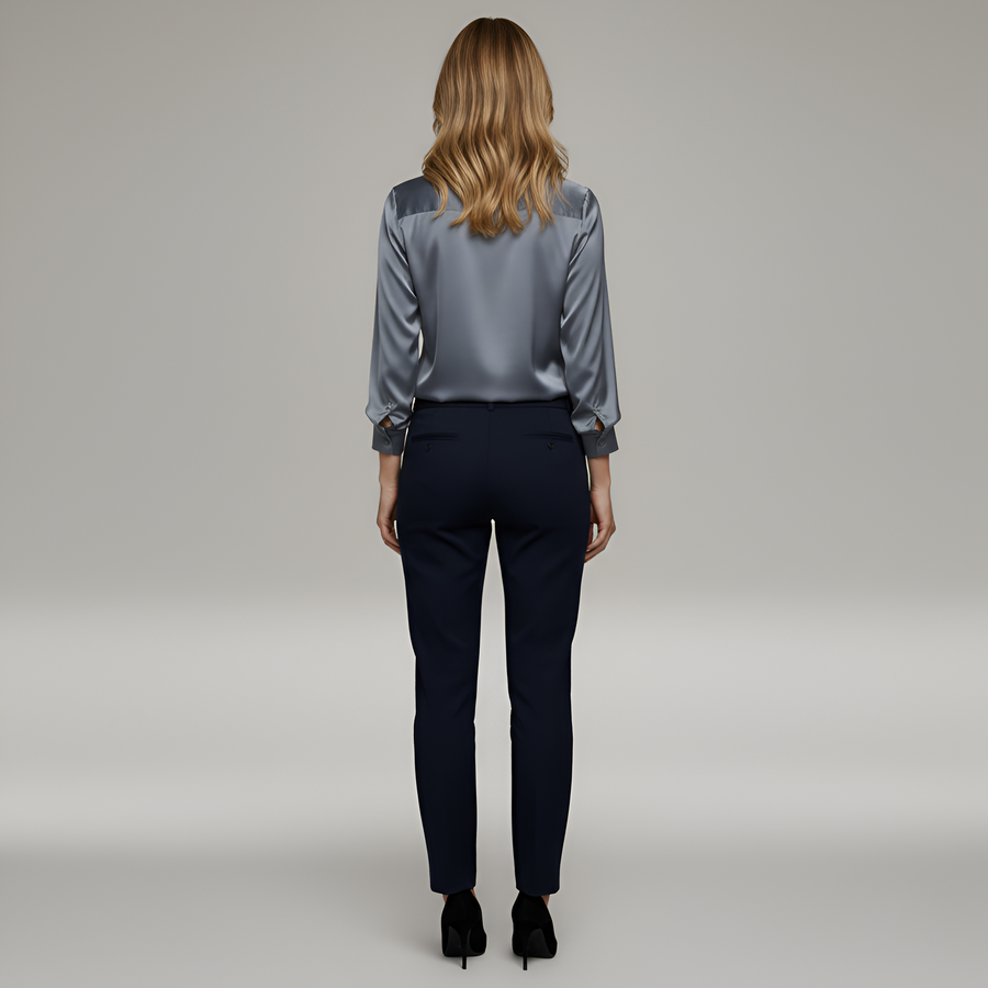 Polished Satin Blouse with V-Neckline and Classic Collar