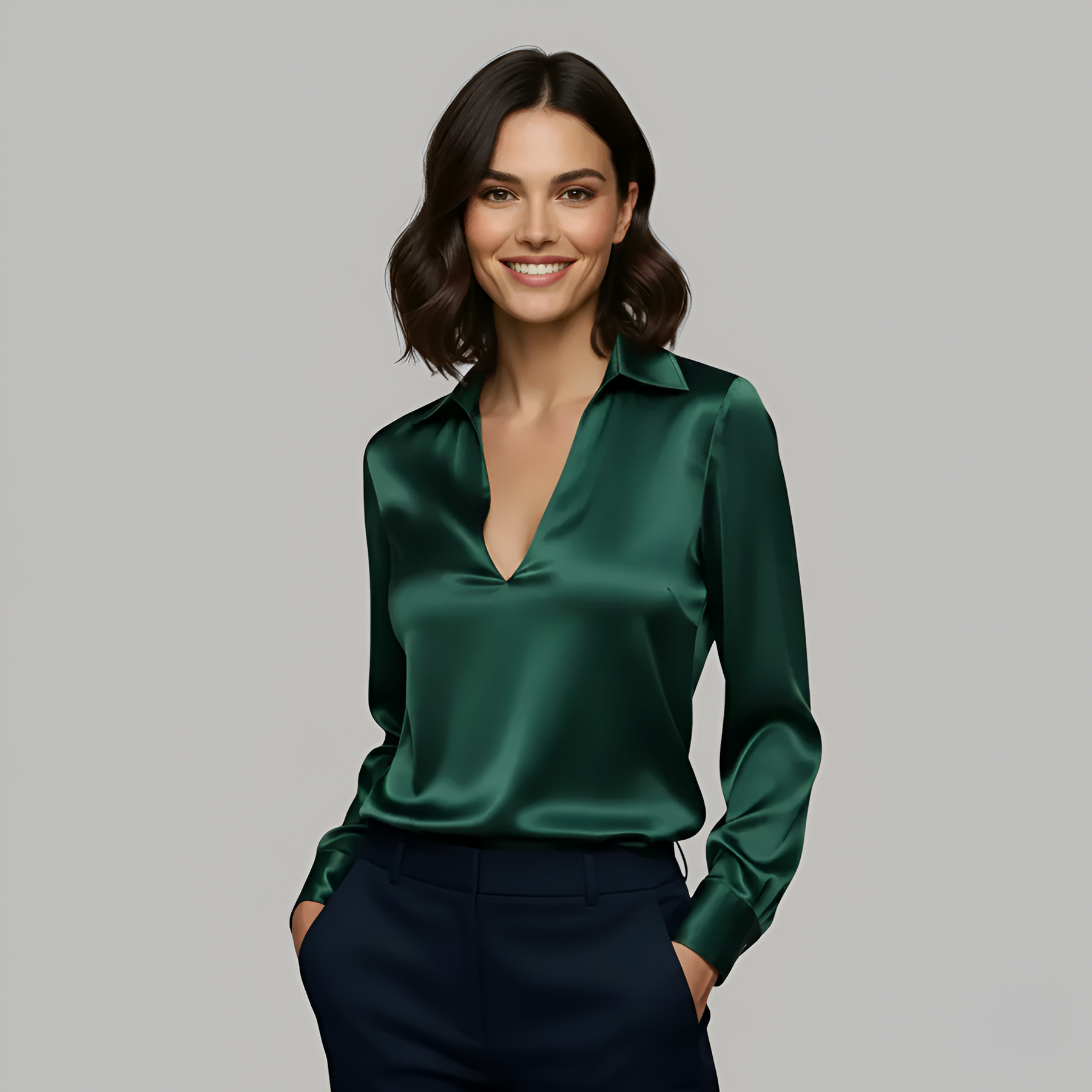 Polished Satin Blouse with V-Neckline and Classic Collar