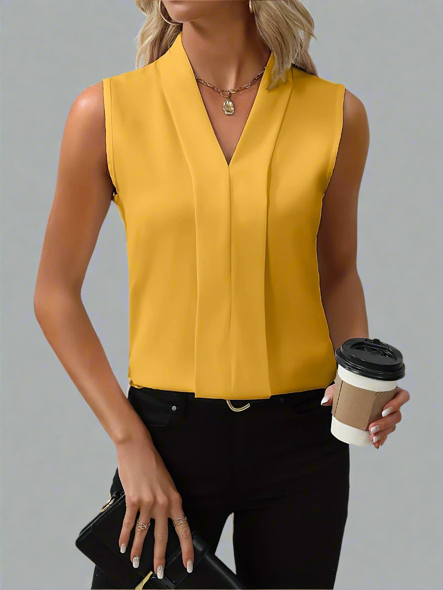 Polished Sleeveless Blouse with V-Neckline and Pleated Front