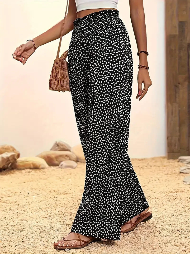 Polka Dot High Waist Wide Leg Trousers with Elasticated Waistband