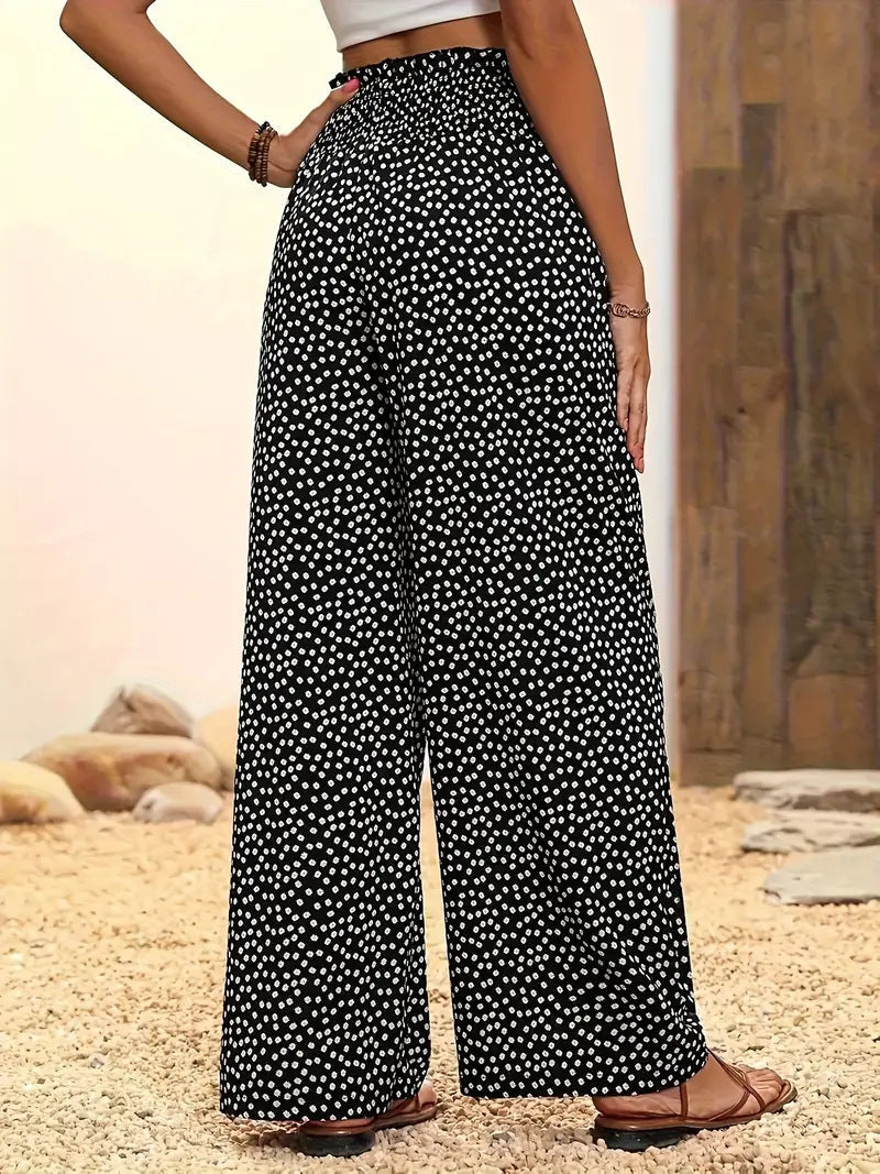 Polka Dot High Waist Wide Leg Trousers with Elasticated Waistband