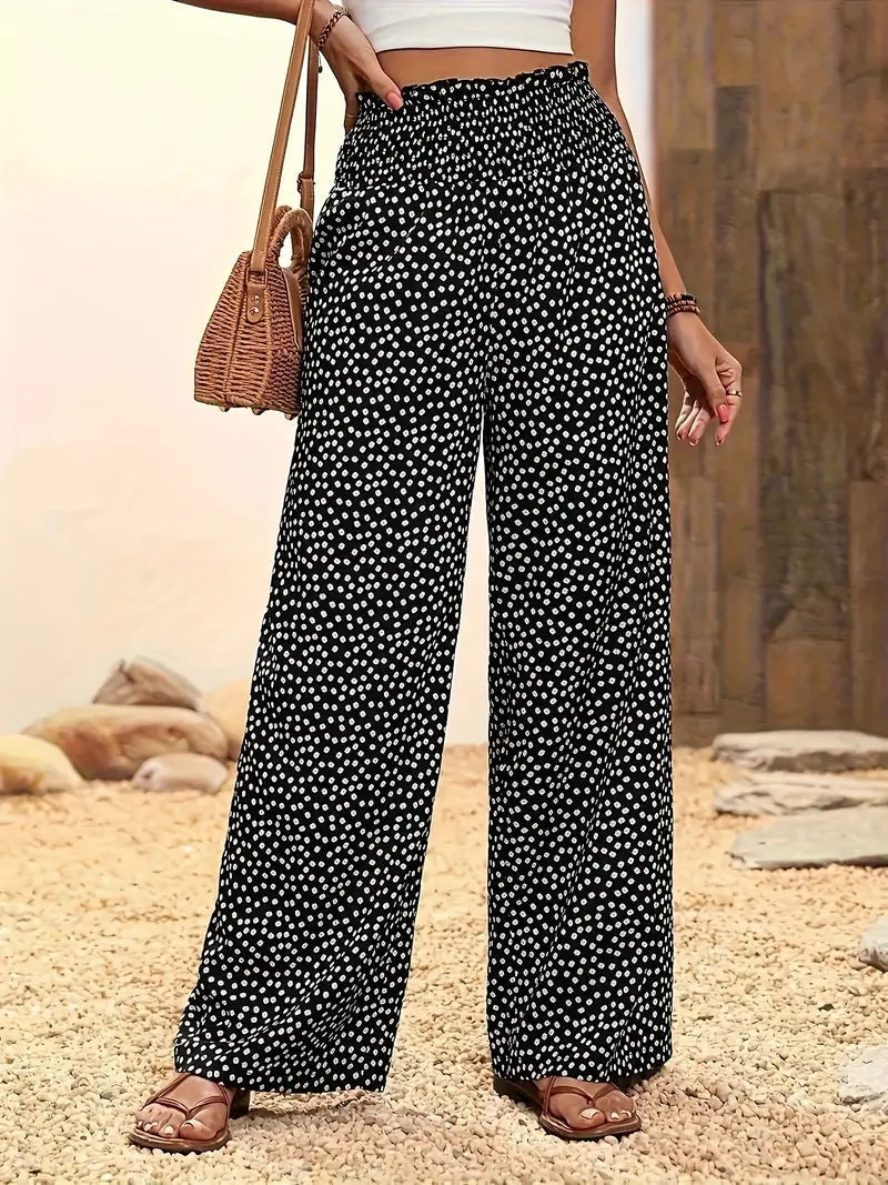 Polka Dot High Waist Wide Leg Trousers with Elasticated Waistband