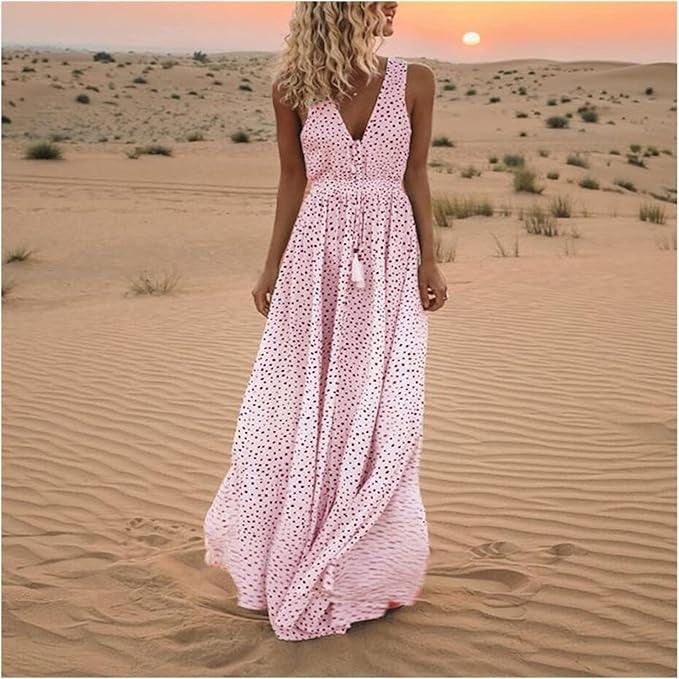 Polka Dot Maxi Dress with V-Neckline and Tassel Tie Waist