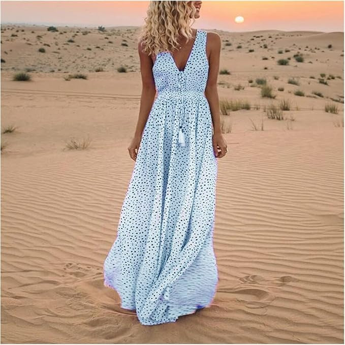 Polka Dot Maxi Dress with V-Neckline and Tassel Tie Waist