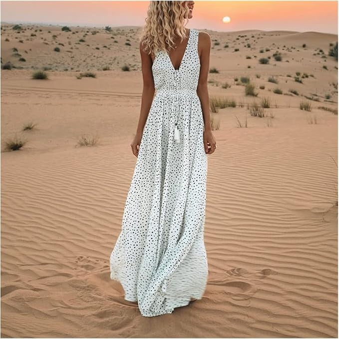 Polka Dot Maxi Dress with V-Neckline and Tassel Tie Waist
