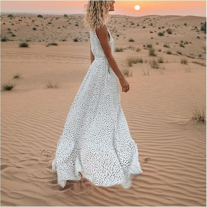 Polka Dot Maxi Dress with V-Neckline and Tassel Tie Waist