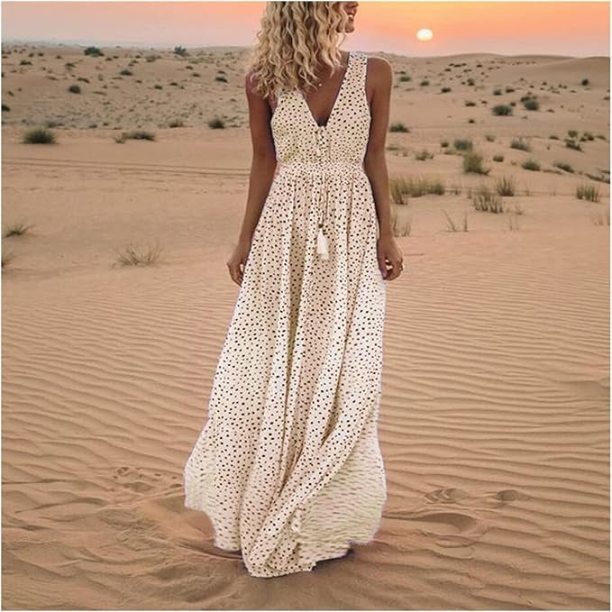 Polka Dot Maxi Dress with V-Neckline and Tassel Tie Waist