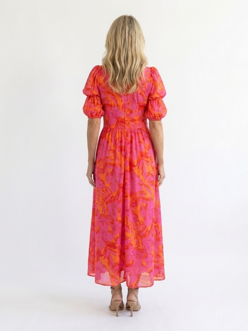 Floral Summer Dress with Puff Sleeves and Deep V-Neckline