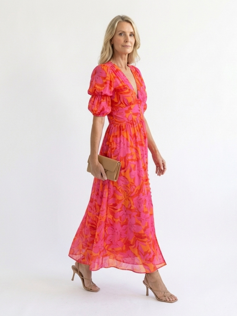 Floral Summer Dress with Puff Sleeves and Deep V-Neckline