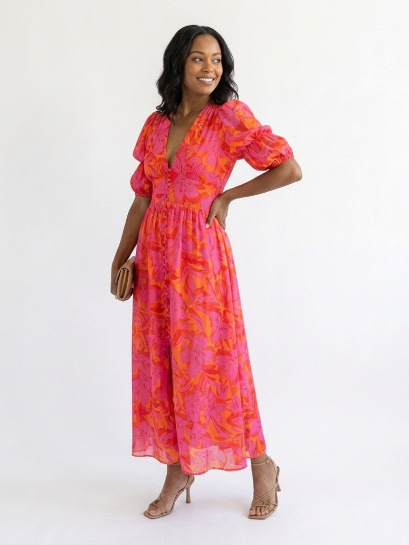 Floral Summer Dress with Puff Sleeves and Deep V-Neckline