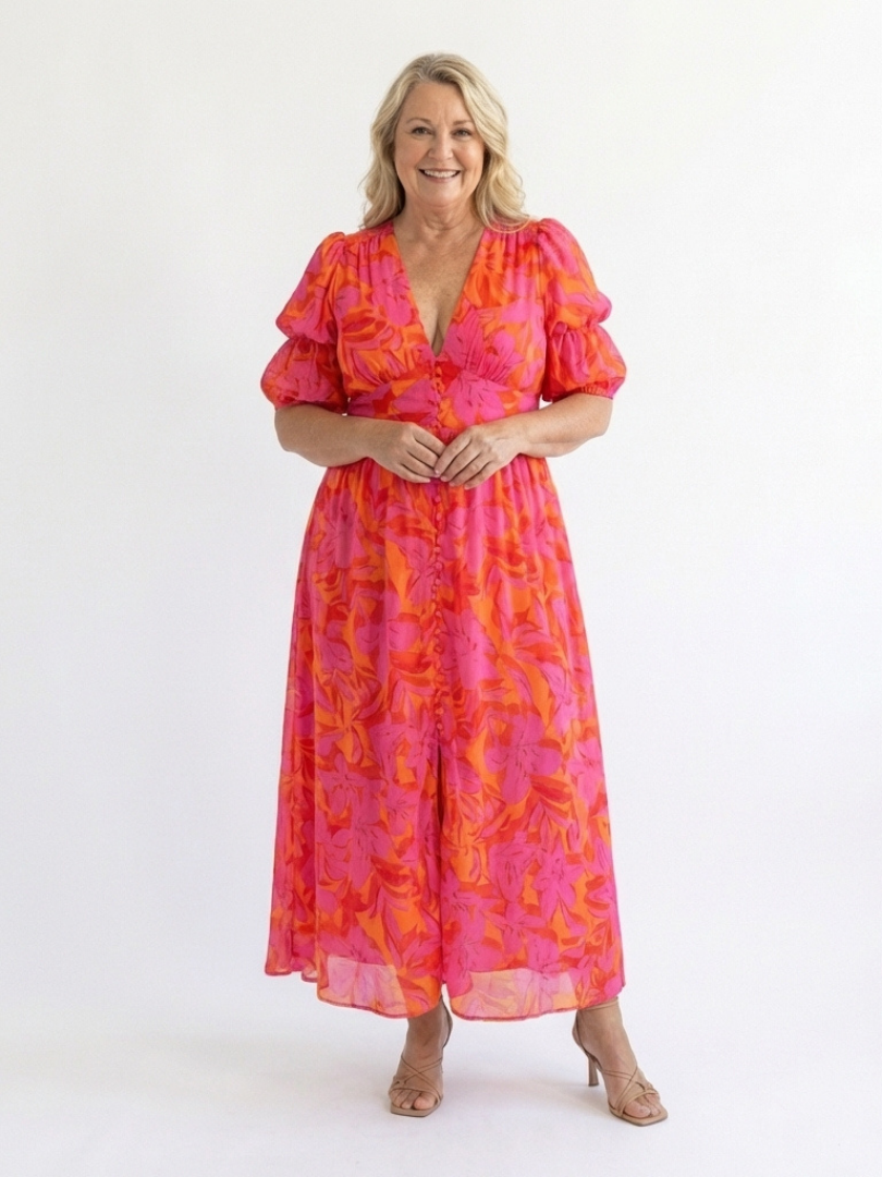 Floral Summer Dress with Puff Sleeves and Deep V-Neckline