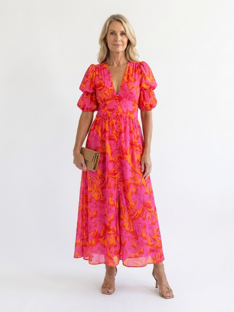 Floral Summer Dress with Puff Sleeves and Deep V-Neckline