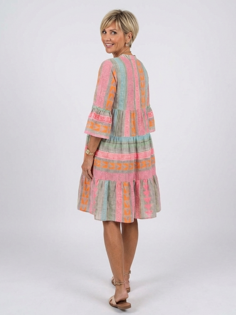 Colourful Tiered Dress with Bell Sleeves and V-Neckline