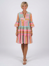 Colourful Tiered Dress with Bell Sleeves and V-Neckline