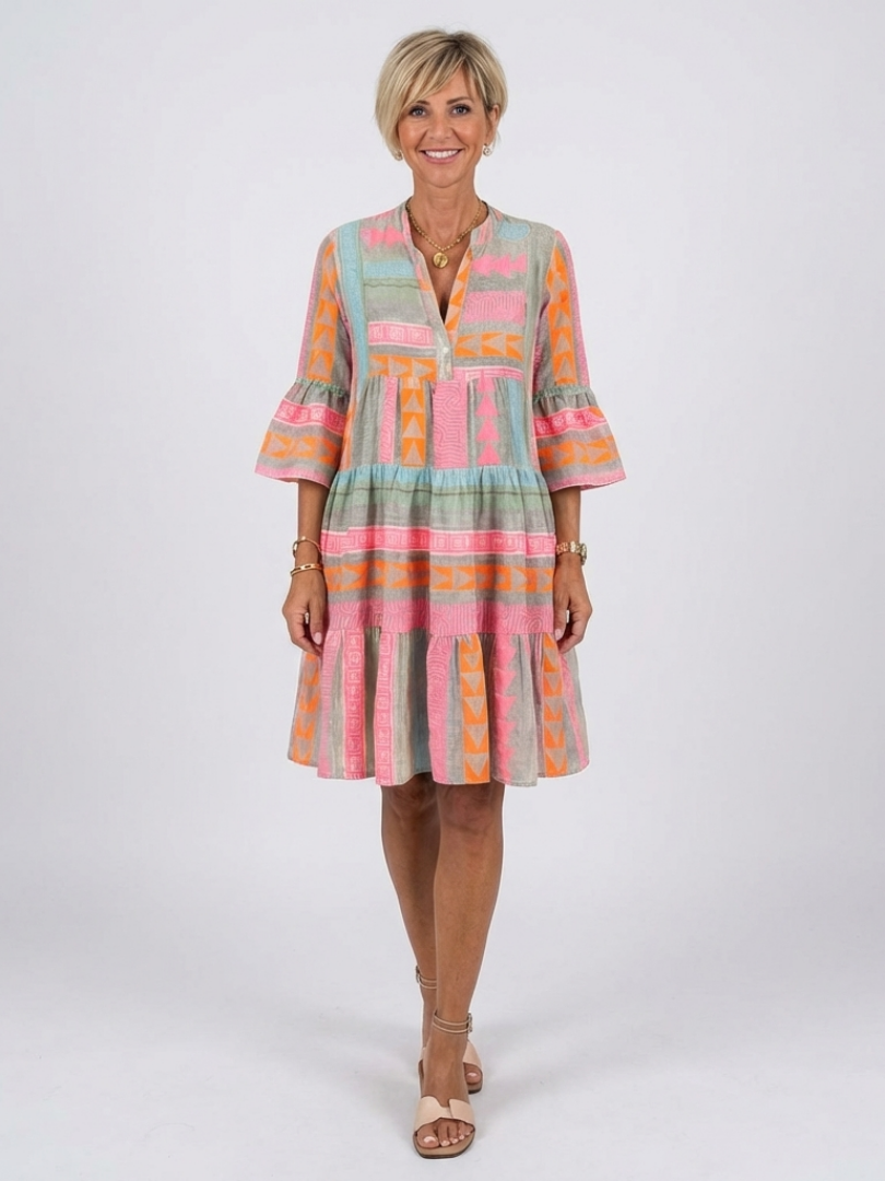 Colourful Tiered Dress with Bell Sleeves and V-Neckline
