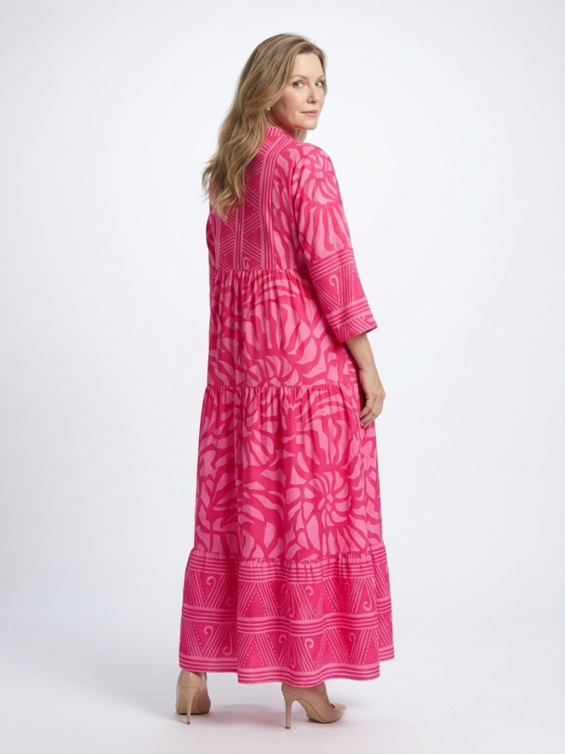 Colourful Tiered Summer Dress with Three Quarter Sleeves