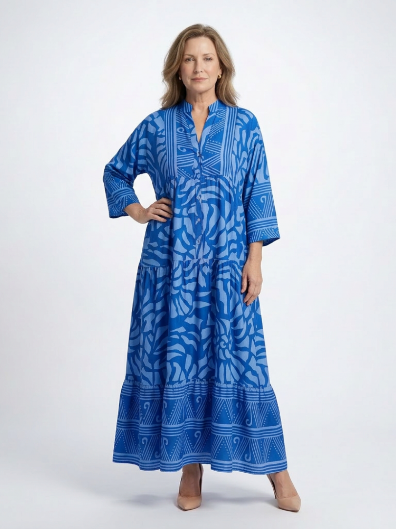 Colourful Tiered Summer Dress with Three Quarter Sleeves
